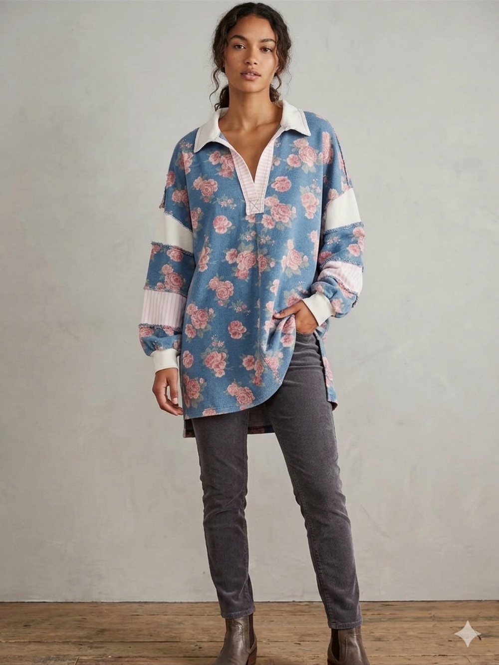 BiBi Women’s Size L Mixed Media Patchwork Floral Pullover Longline Boho Tunic